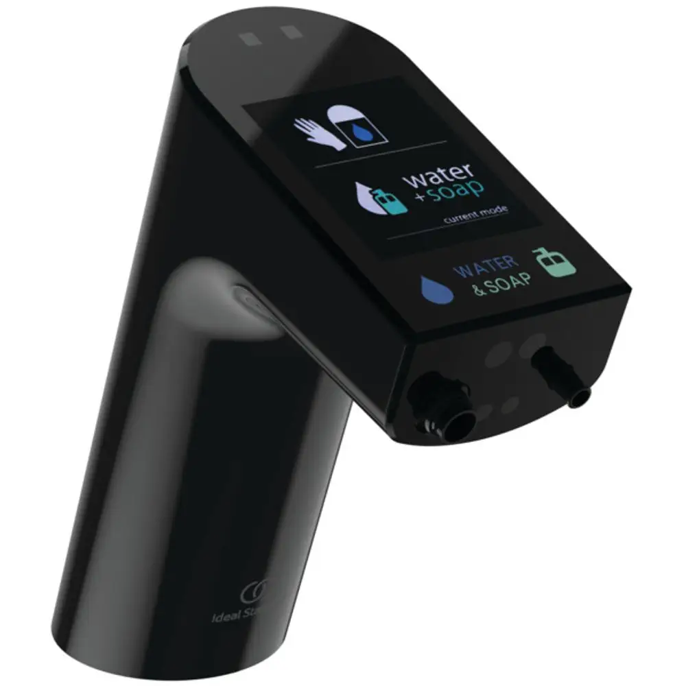 Sensor-Waschtischarmatur in Schwarz mit Touchscreen zur Auswahl von Wasser und Seife, hergestellt von Ideal Standard. Einfache Bedienung durch Sensorik.
